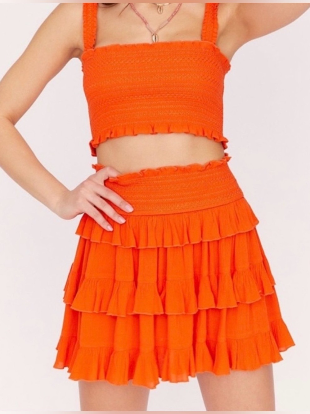 Free People Bright Orange Tiered Ruffle Mini Skirt and top / sets
